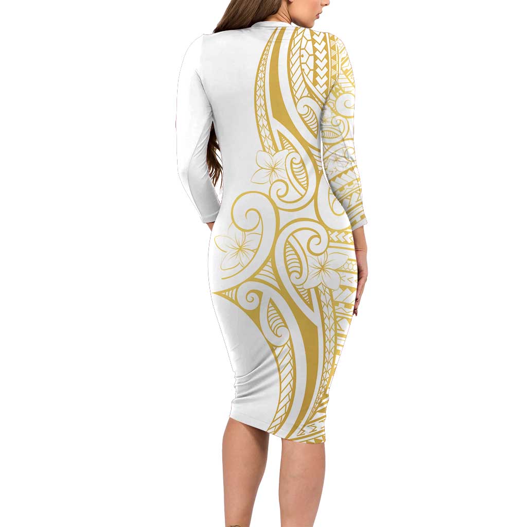 Polynesia White Sunday Family Matching Long Sleeve Bodycon Dress and Hawaiian Shirt Plumeria Polynesian Tribal Gold Color LT14 - Polynesian Pride