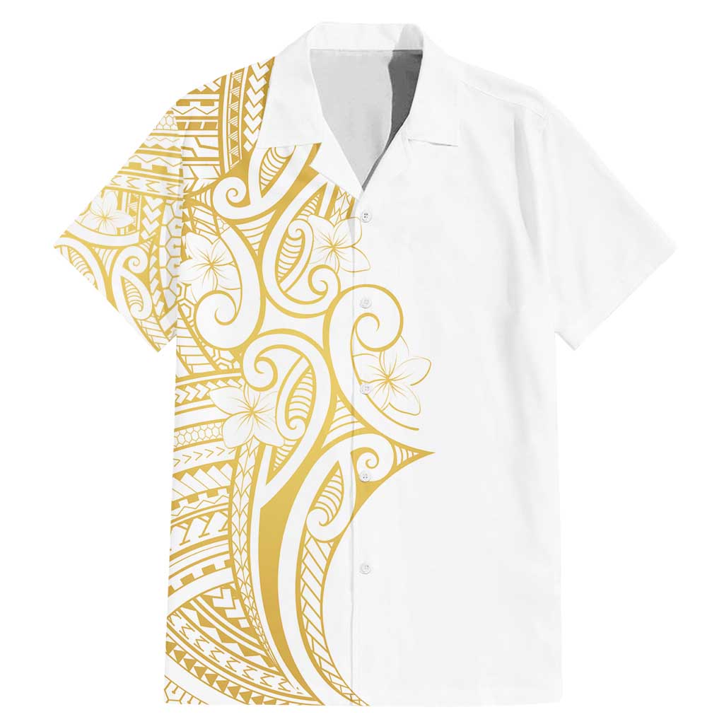 Polynesia White Sunday Family Matching Mermaid Dress and Hawaiian Shirt Plumeria Polynesian Tribal Gold Color LT14 Dad's Shirt - Short Sleeve White - Polynesian Pride