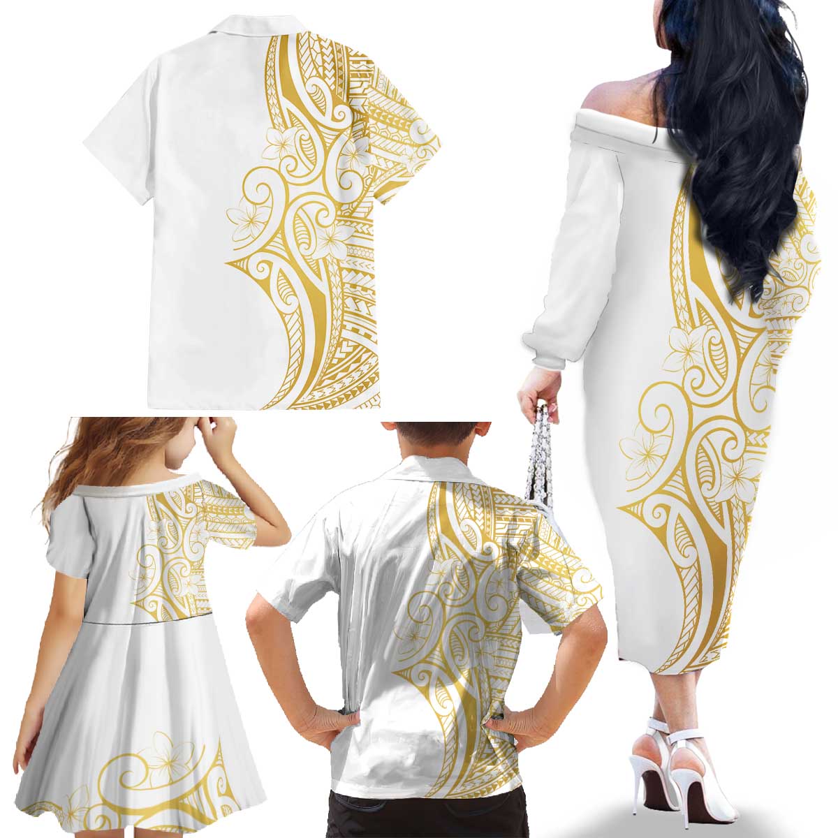 Polynesia White Sunday Family Matching Off The Shoulder Long Sleeve Dress and Hawaiian Shirt Plumeria Polynesian Tribal Gold Color LT14 - Polynesian Pride