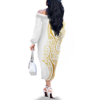 Polynesia White Sunday Family Matching Off The Shoulder Long Sleeve Dress and Hawaiian Shirt Plumeria Polynesian Tribal Gold Color LT14 - Polynesian Pride