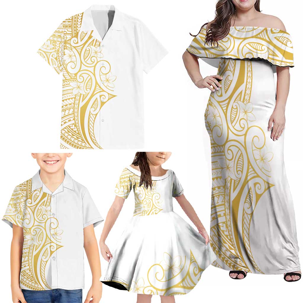 Polynesia White Sunday Family Matching Off Shoulder Maxi Dress and Hawaiian Shirt Plumeria Polynesian Tribal Gold Color LT14 - Polynesian Pride