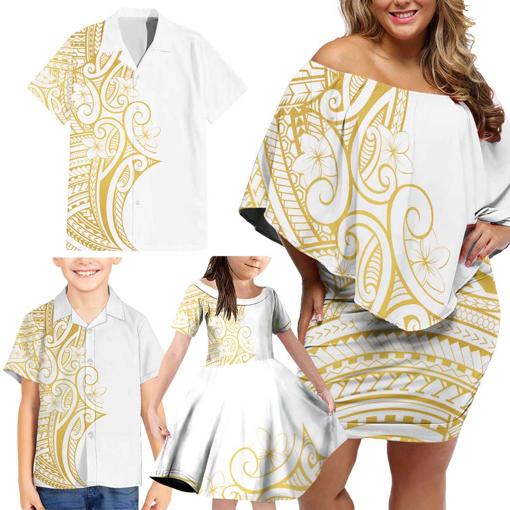 Polynesia White Sunday Family Matching Off Shoulder Short Dress and Hawaiian Shirt Plumeria Polynesian Tribal Gold Color LT14 - Polynesian Pride