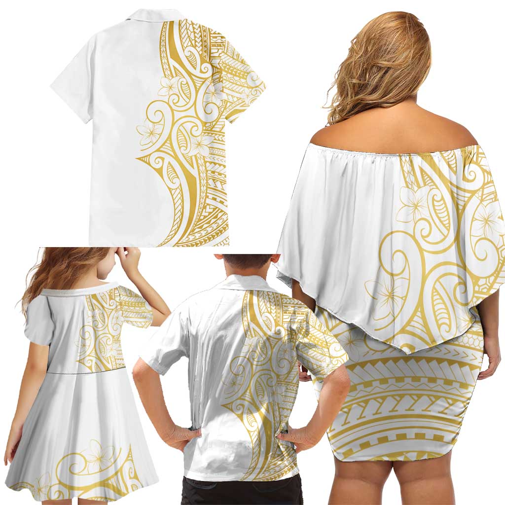 Polynesia White Sunday Family Matching Off Shoulder Short Dress and Hawaiian Shirt Plumeria Polynesian Tribal Gold Color LT14 - Polynesian Pride