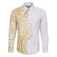 Polynesia White Sunday Family Matching Off Shoulder Short Dress and Hawaiian Shirt Plumeria Polynesian Tribal Gold Color LT14 Dad's Shirt - Long Sleeve White - Polynesian Pride