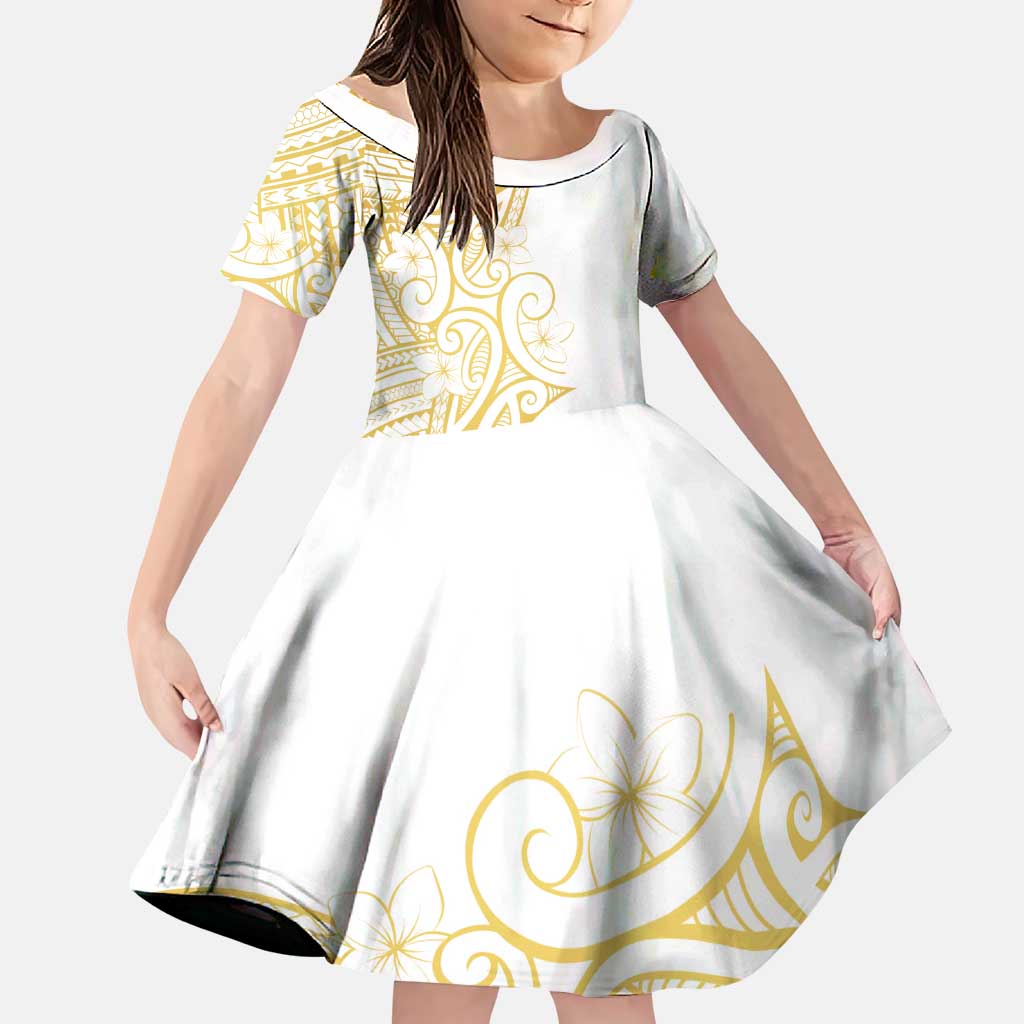 Polynesia White Sunday Family Matching Puletasi and Hawaiian Shirt Plumeria Polynesian Tribal Gold Color LT14 Daughter's Dress White - Polynesian Pride