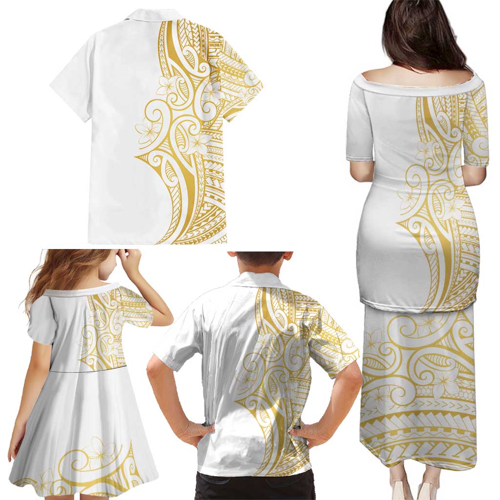 Polynesia White Sunday Family Matching Puletasi and Hawaiian Shirt Plumeria Polynesian Tribal Gold Color LT14 - Polynesian Pride