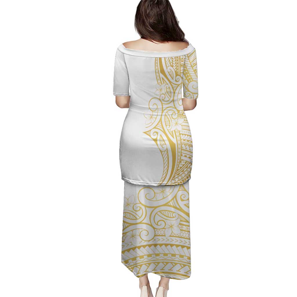 Polynesia White Sunday Family Matching Puletasi and Hawaiian Shirt Plumeria Polynesian Tribal Gold Color LT14 - Polynesian Pride