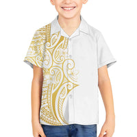 Polynesia White Sunday Family Matching Puletasi and Hawaiian Shirt Plumeria Polynesian Tribal Gold Color LT14 Son's Shirt White - Polynesian Pride