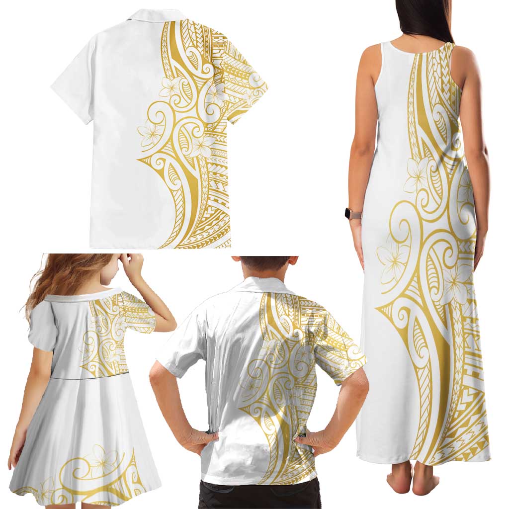 Polynesia White Sunday Family Matching Tank Maxi Dress and Hawaiian Shirt Plumeria Polynesian Tribal Gold Color LT14 - Polynesian Pride