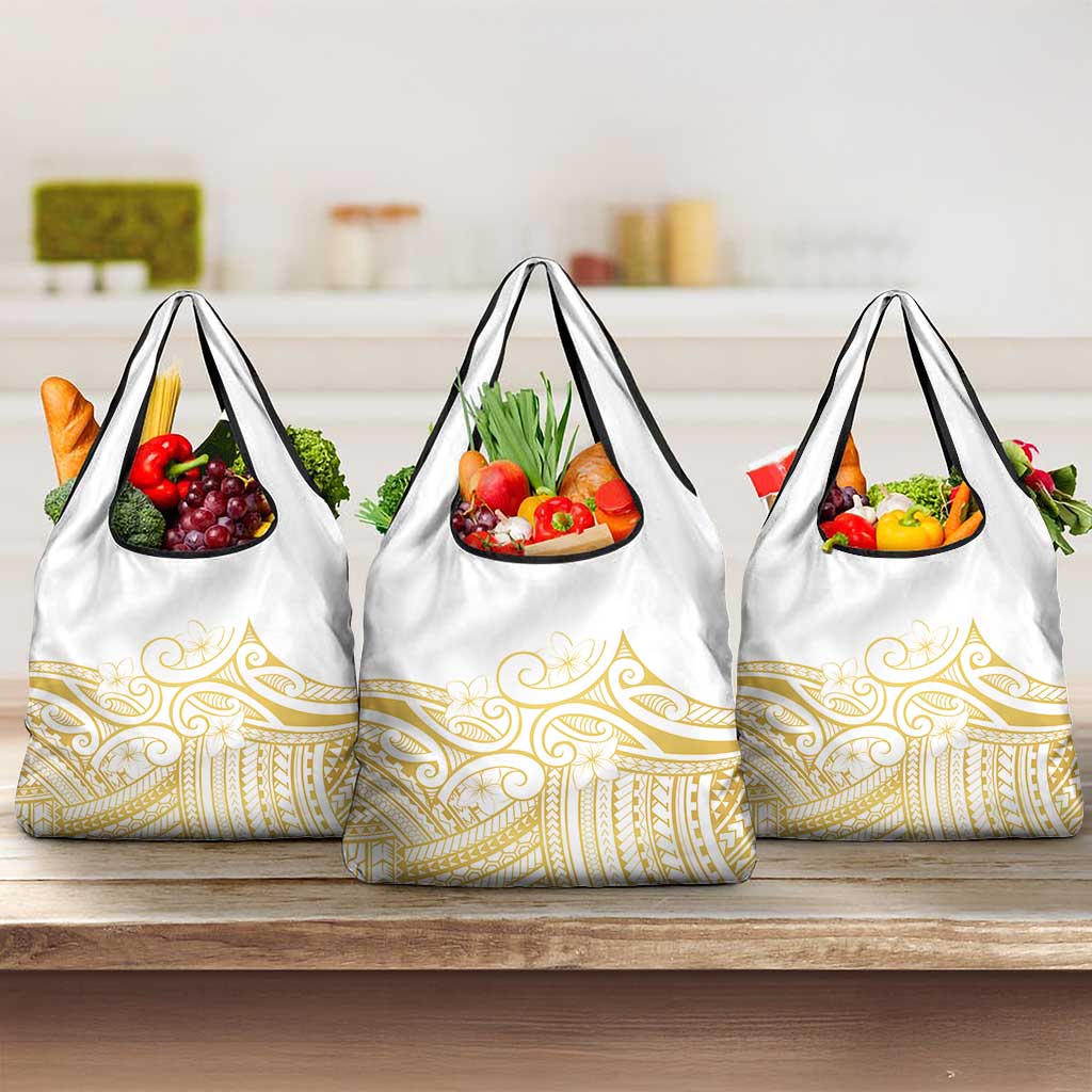 Polynesia White Sunday Grocery Bag Plumeria Polynesian Tribal Gold Color - Polynesian Pride
