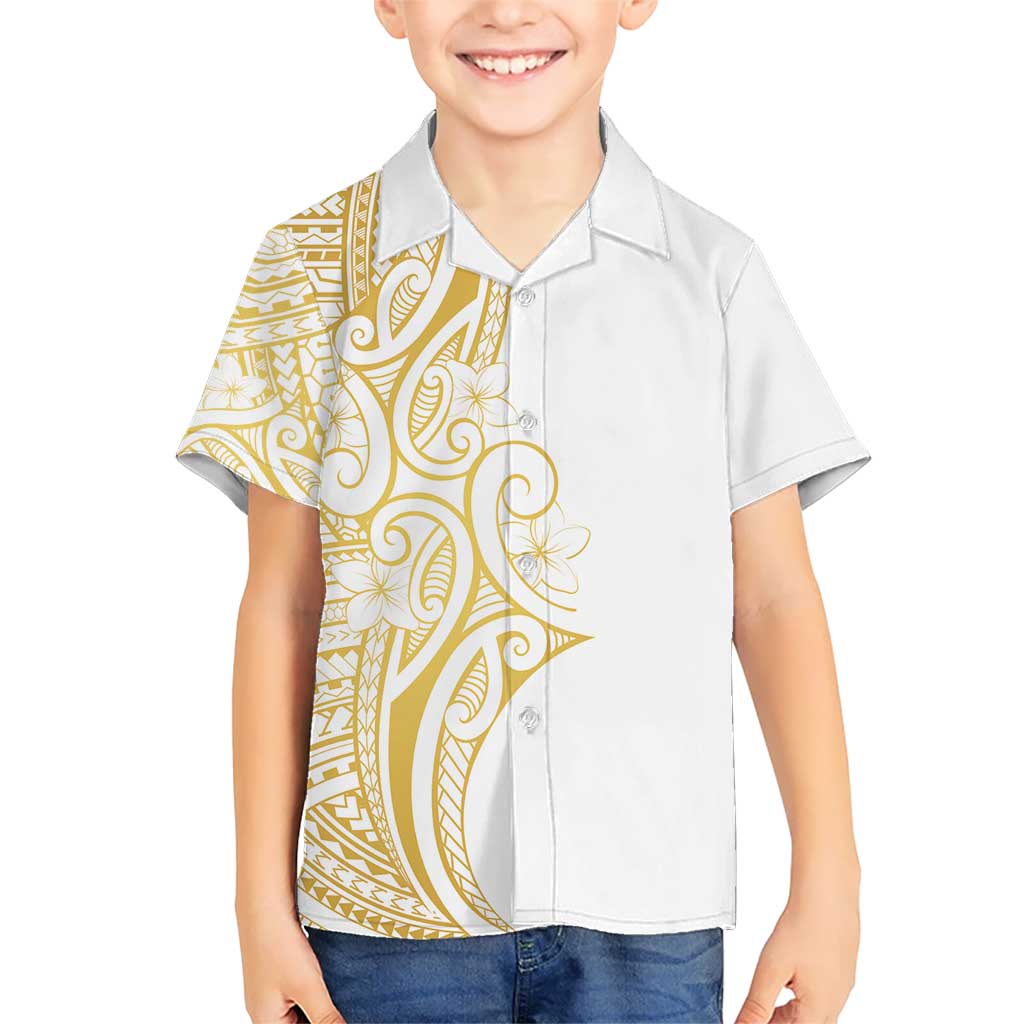 Polynesia White Sunday Kid Hawaiian Shirt Plumeria Polynesian Tribal Gold Color LT14 Kid White - Polynesian Pride