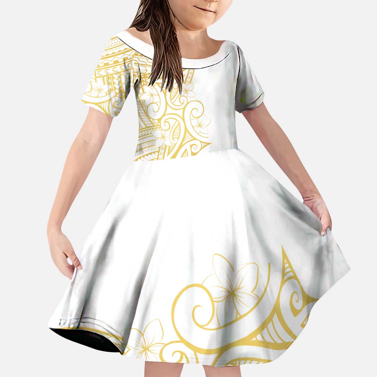 Polynesia White Sunday Kid Short Sleeve Dress Plumeria Polynesian Tribal Gold Color LT14 KID White - Polynesian Pride