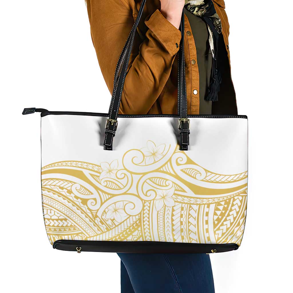 Polynesia White Sunday Leather Tote Bag Plumeria Polynesian Tribal Gold Color - Polynesian Pride