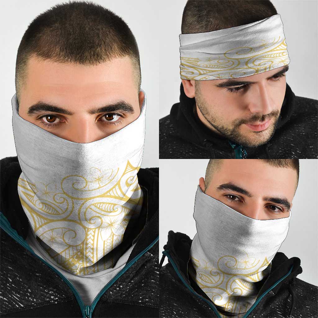 Polynesia White Sunday Neck Gaiter Plumeria Polynesian Tribal Gold Color - Polynesian Pride