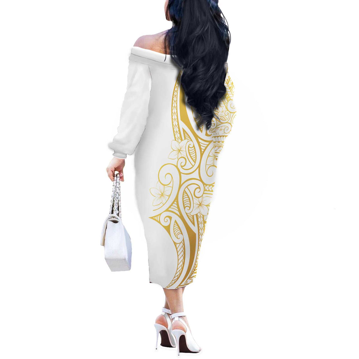 Polynesia White Sunday Off The Shoulder Long Sleeve Dress Plumeria Polynesian Tribal Gold Color LT14 - Polynesian Pride