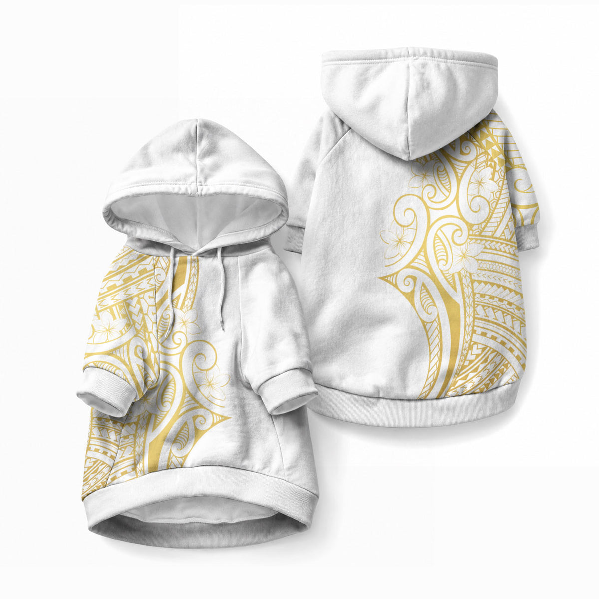 Polynesia White Sunday Pet Hoodie Plumeria Polynesian Tribal Gold Color