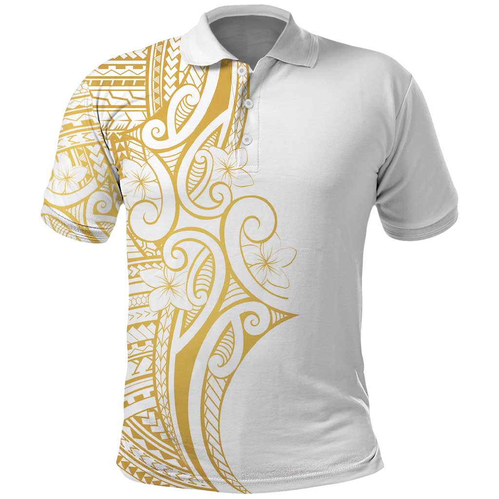 Polynesia White Sunday Polo Shirt Plumeria Polynesian Tribal Gold Color LT14 White - Polynesian Pride