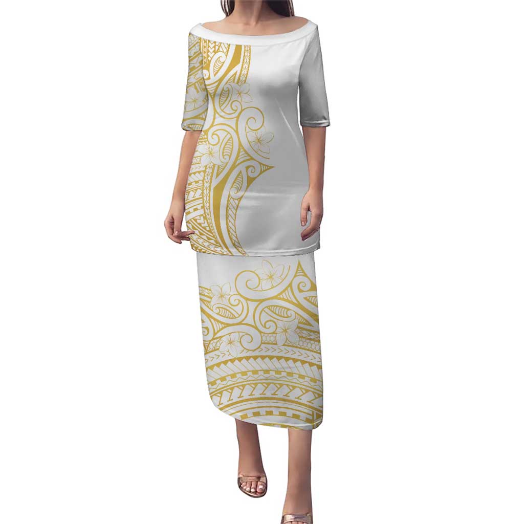 Polynesia White Sunday Puletasi Plumeria Polynesian Tribal Gold Color LT14 Long Dress White - Polynesian Pride