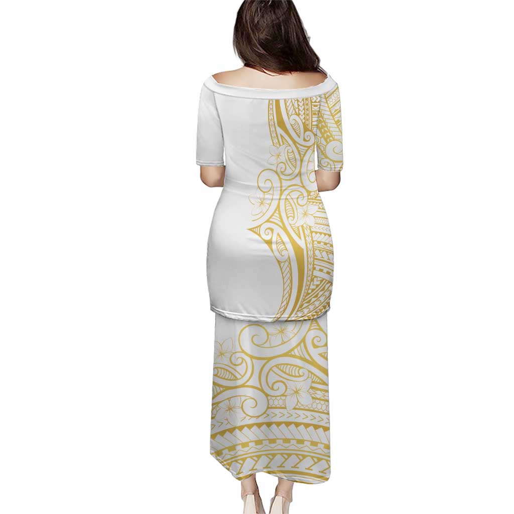 Polynesia White Sunday Puletasi Plumeria Polynesian Tribal Gold Color LT14 - Polynesian Pride