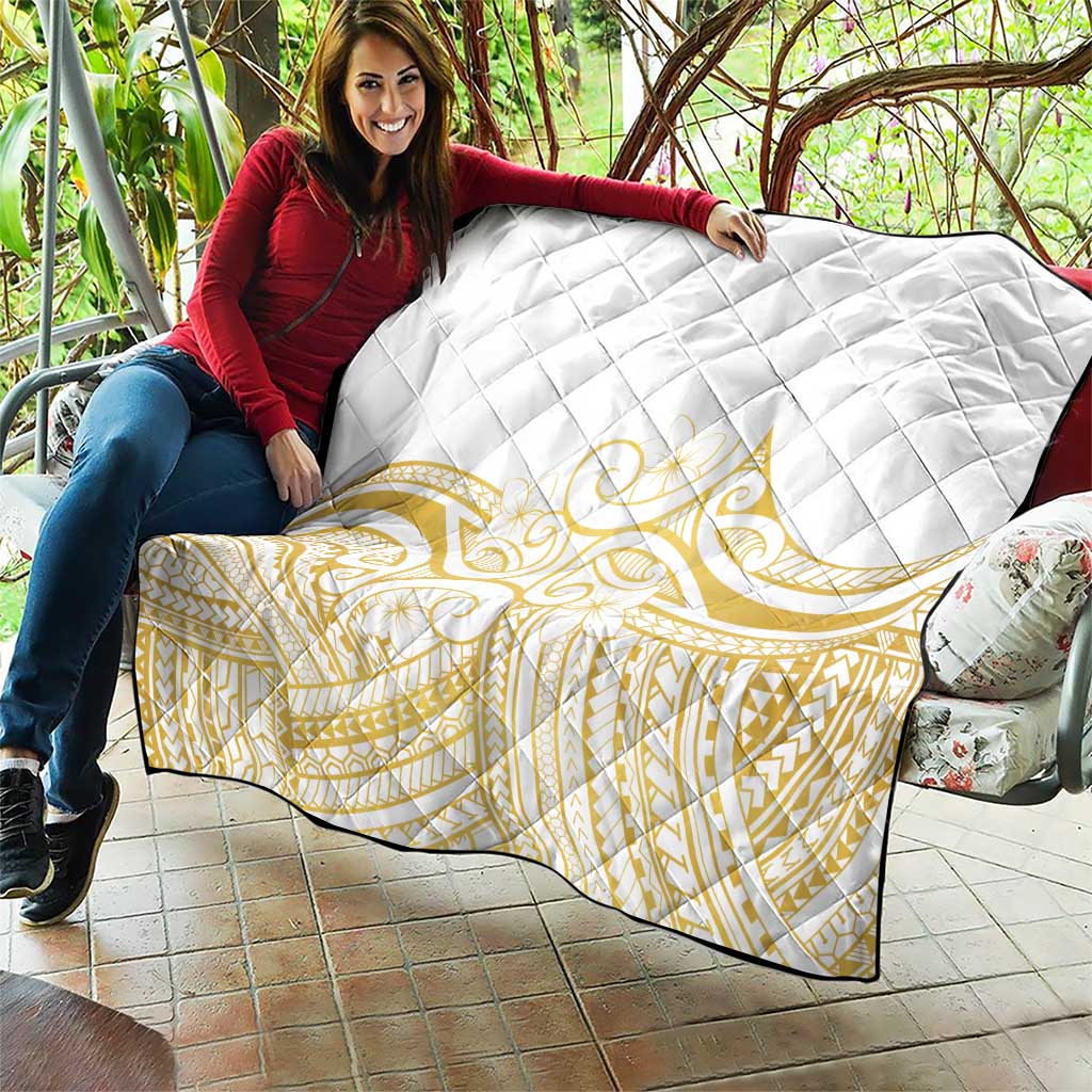 Polynesia White Sunday Quilt Plumeria Polynesian Tribal Gold Color - Polynesian Pride