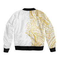 Polynesia White Sunday Sleeve Zip Bomber Jacket Plumeria Polynesian Tribal Gold Color - Polynesian Pride