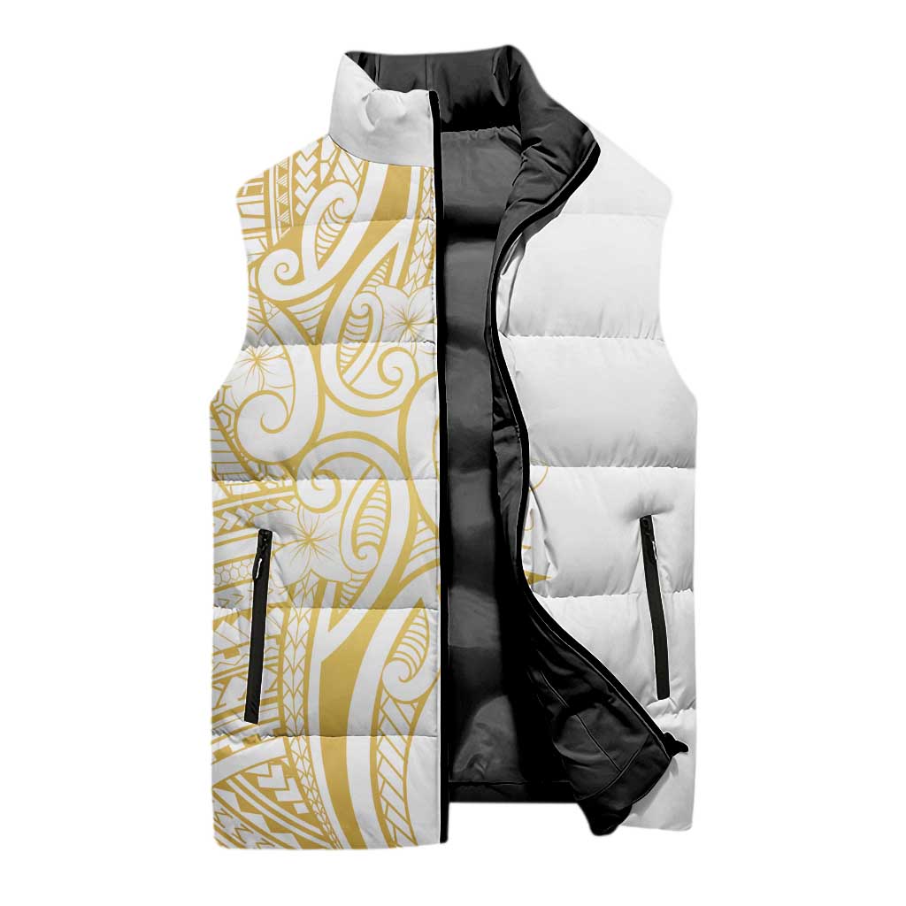 Polynesia White Sunday Sleeveless Puffer Jacket Plumeria Polynesian Tribal Gold Color LT14 - Polynesian Pride