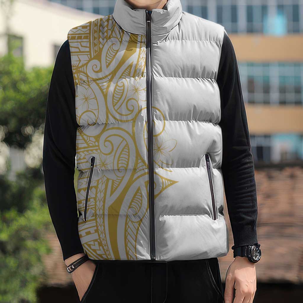 Polynesia White Sunday Sleeveless Puffer Jacket Plumeria Polynesian Tribal Gold Color LT14 - Polynesian Pride