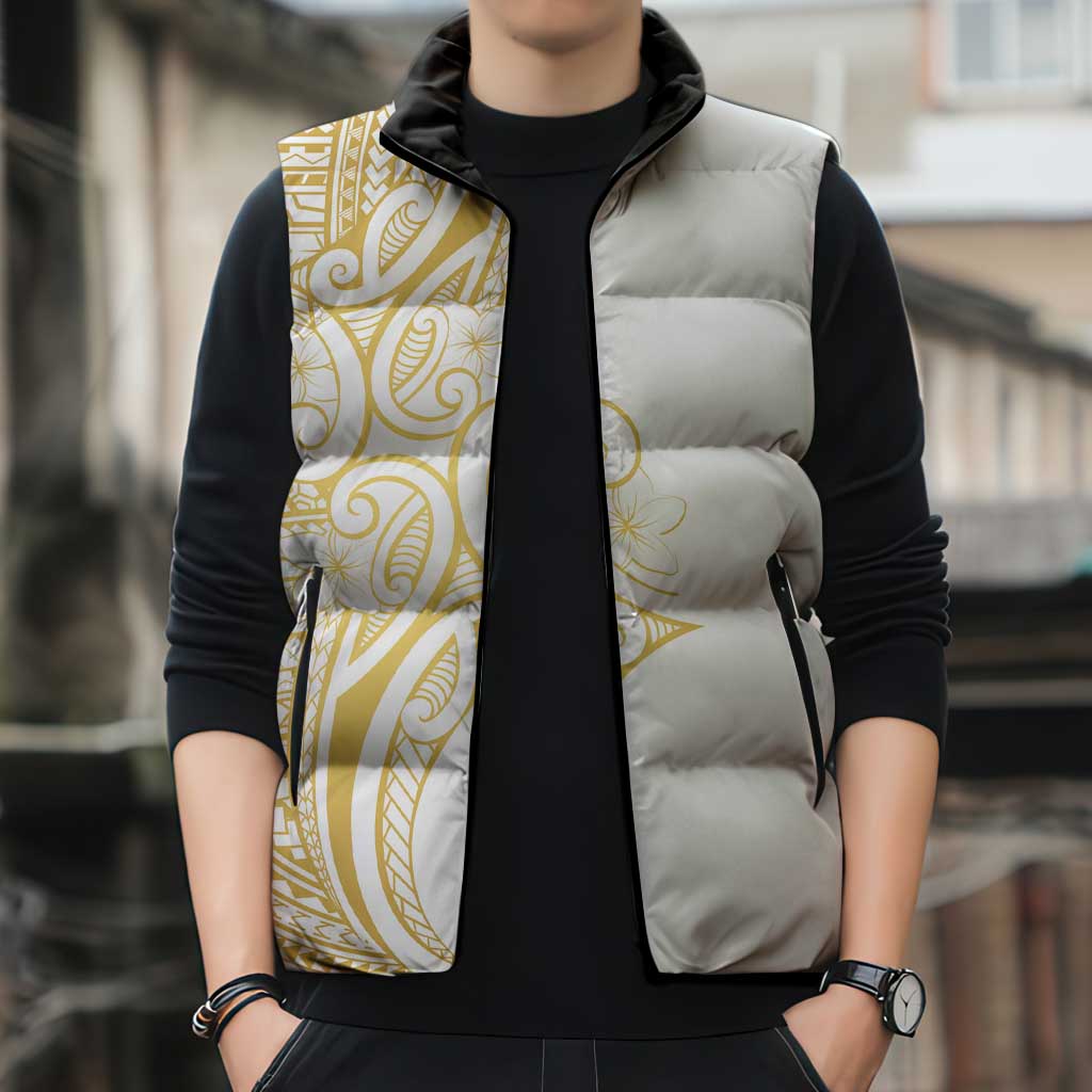 Polynesia White Sunday Sleeveless Puffer Jacket Plumeria Polynesian Tribal Gold Color LT14 - Polynesian Pride