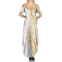 Polynesia White Sunday Summer Maxi Dress Plumeria Polynesian Tribal Gold Color - Polynesian Pride