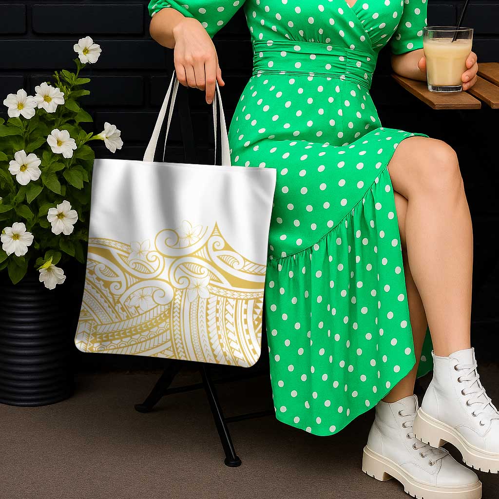 Polynesia White Sunday Tote Bag Plumeria Polynesian Tribal Gold Color - Polynesian Pride