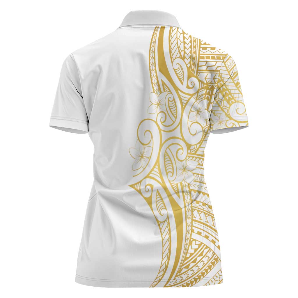 Polynesia White Sunday Women Polo Shirt Plumeria Polynesian Tribal Gold Color - Polynesian Pride
