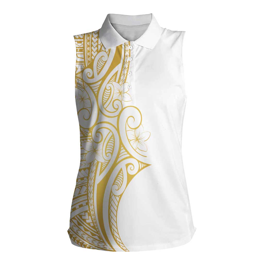 Polynesia White Sunday Women Sleeveless Polo Shirt Plumeria Polynesian Tribal Gold Color LT14 Female White - Polynesian Pride