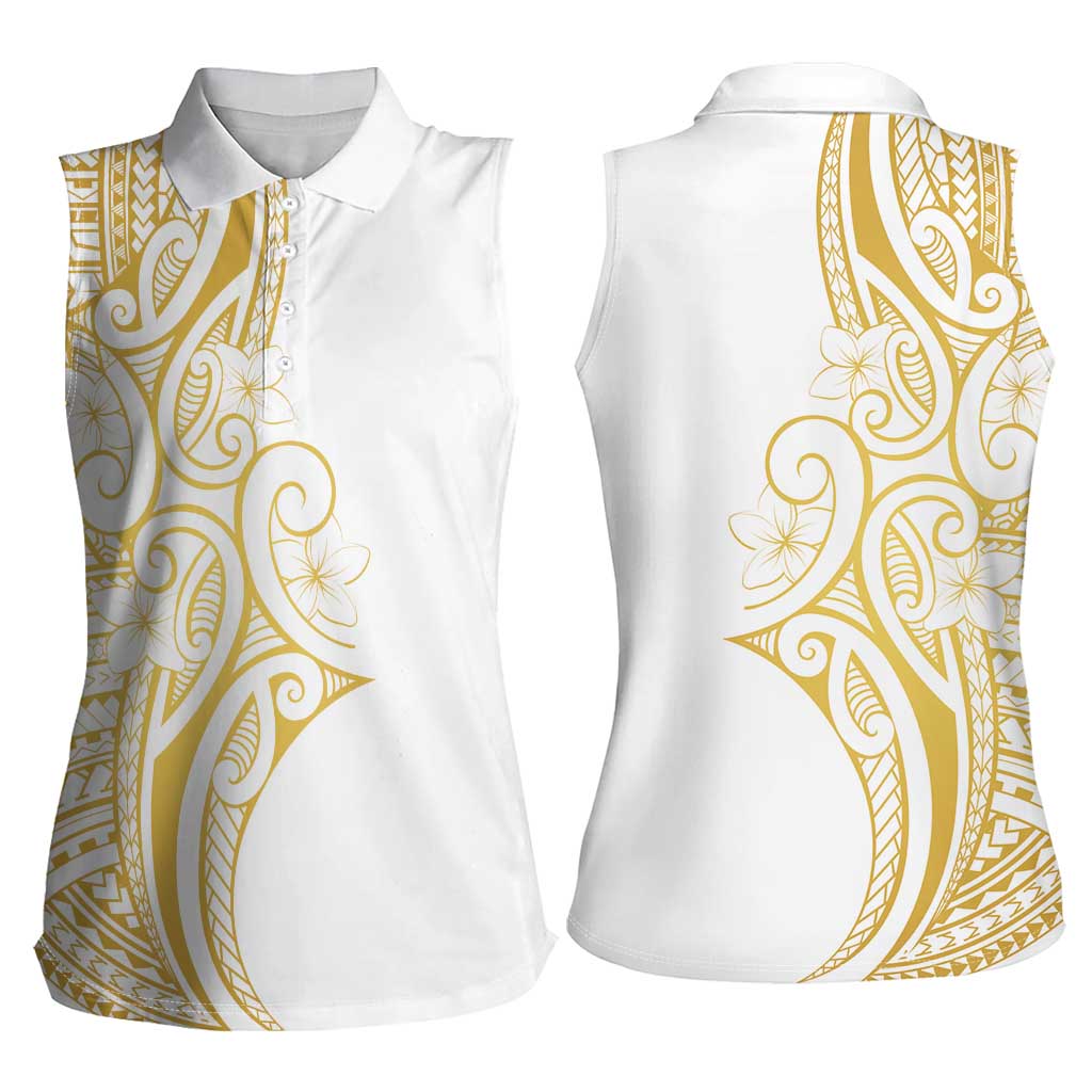 Polynesia White Sunday Women Sleeveless Polo Shirt Plumeria Polynesian Tribal Gold Color LT14 - Polynesian Pride