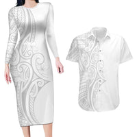Polynesia White Sunday Couples Matching Long Sleeve Bodycon Dress and Hawaiian Shirt Plumeria Polynesian Tribal Grey Color LT14 White - Polynesian Pride