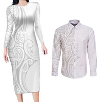 Polynesia White Sunday Couples Matching Long Sleeve Bodycon Dress and Long Sleeve Button Shirt Plumeria Polynesian Tribal Grey Color LT14 White - Polynesian Pride
