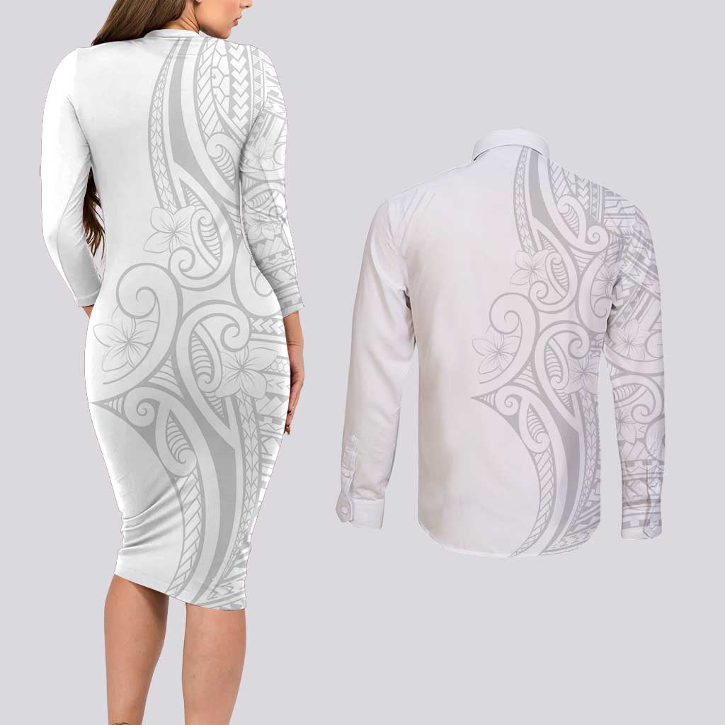 Polynesia White Sunday Couples Matching Long Sleeve Bodycon Dress and Long Sleeve Button Shirt Plumeria Polynesian Tribal Grey Color LT14 - Polynesian Pride