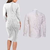 Polynesia White Sunday Couples Matching Long Sleeve Bodycon Dress and Long Sleeve Button Shirt Plumeria Polynesian Tribal Grey Color LT14 - Polynesian Pride