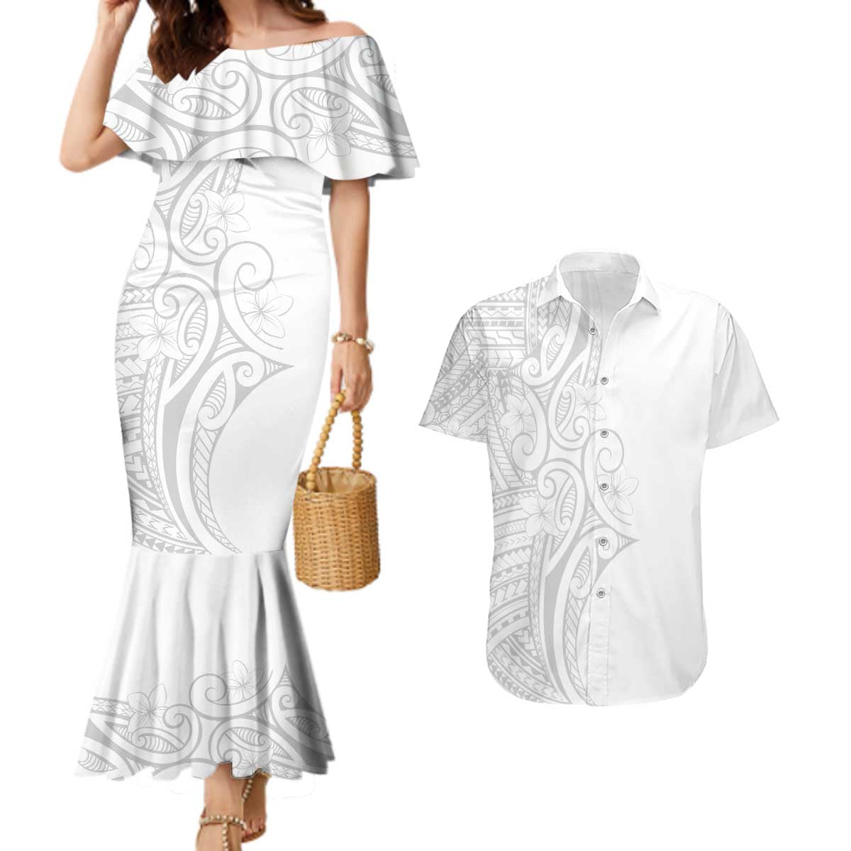 Polynesia White Sunday Couples Matching Mermaid Dress and Hawaiian Shirt Plumeria Polynesian Tribal Grey Color LT14 White - Polynesian Pride