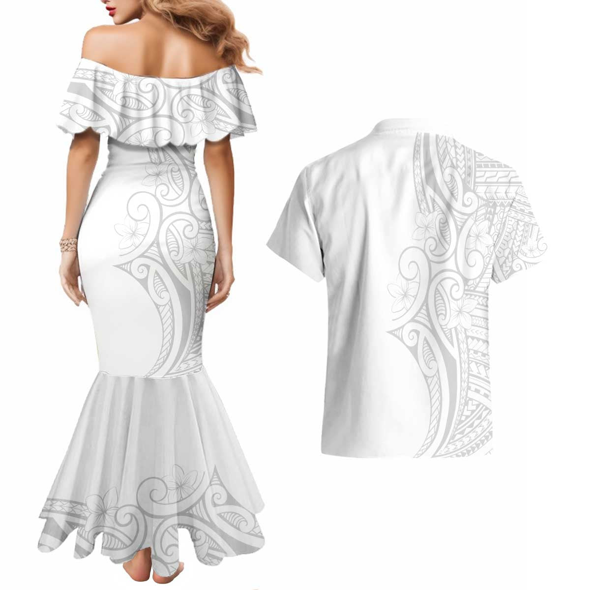 Polynesia White Sunday Couples Matching Mermaid Dress and Hawaiian Shirt Plumeria Polynesian Tribal Grey Color LT14 - Polynesian Pride