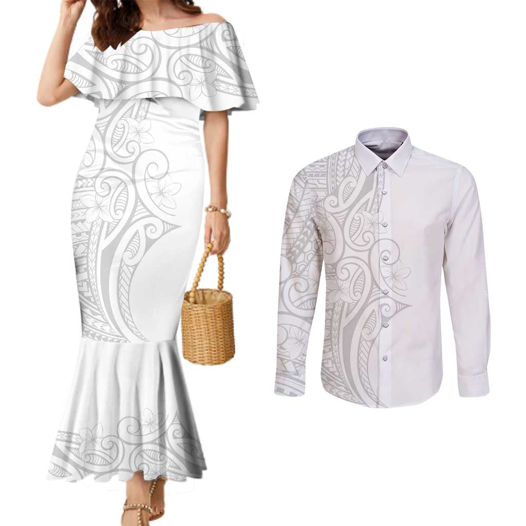 Polynesia White Sunday Couples Matching Mermaid Dress and Long Sleeve Button Shirt Plumeria Polynesian Tribal Grey Color LT14 White - Polynesian Pride