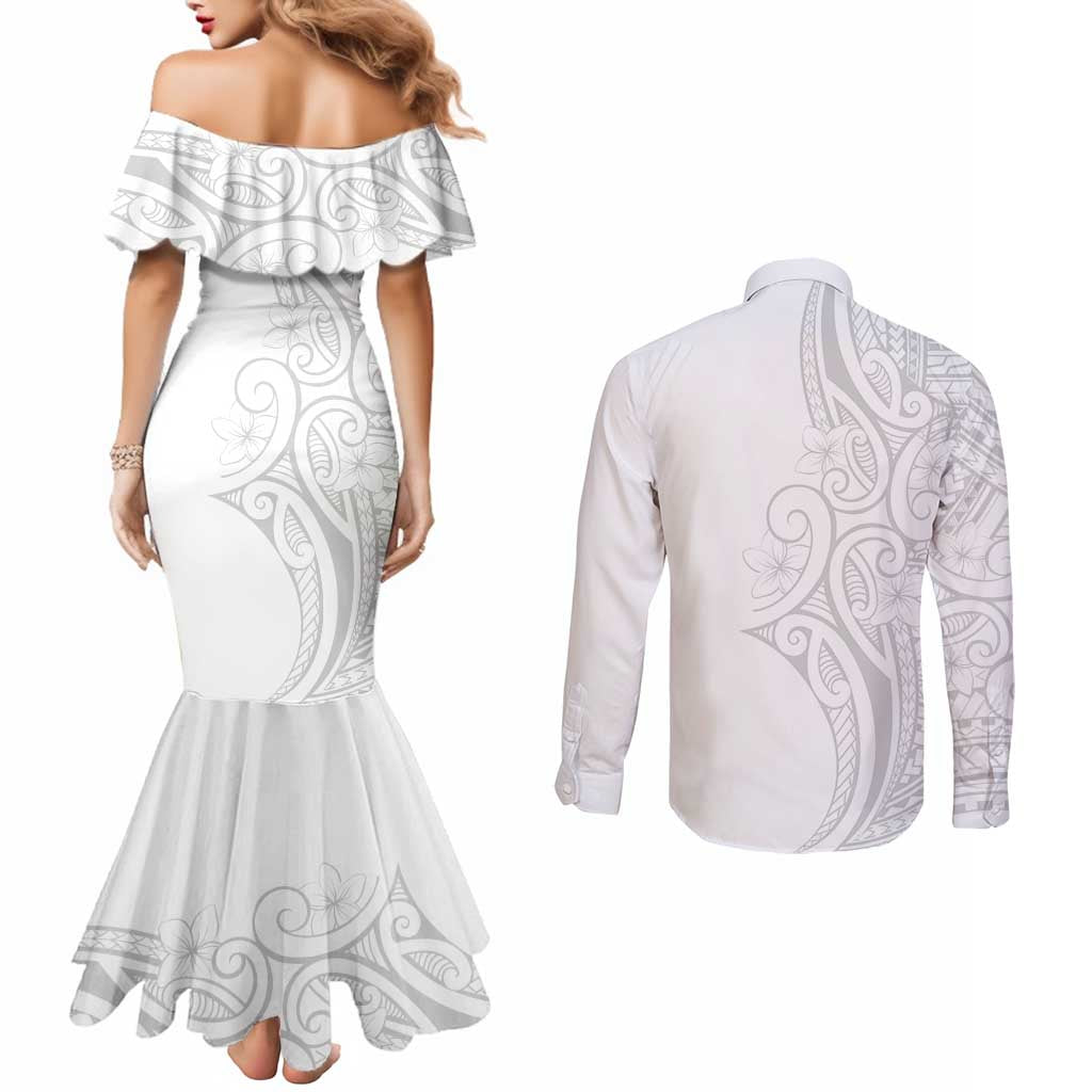 Polynesia White Sunday Couples Matching Mermaid Dress and Long Sleeve Button Shirt Plumeria Polynesian Tribal Grey Color LT14 - Polynesian Pride