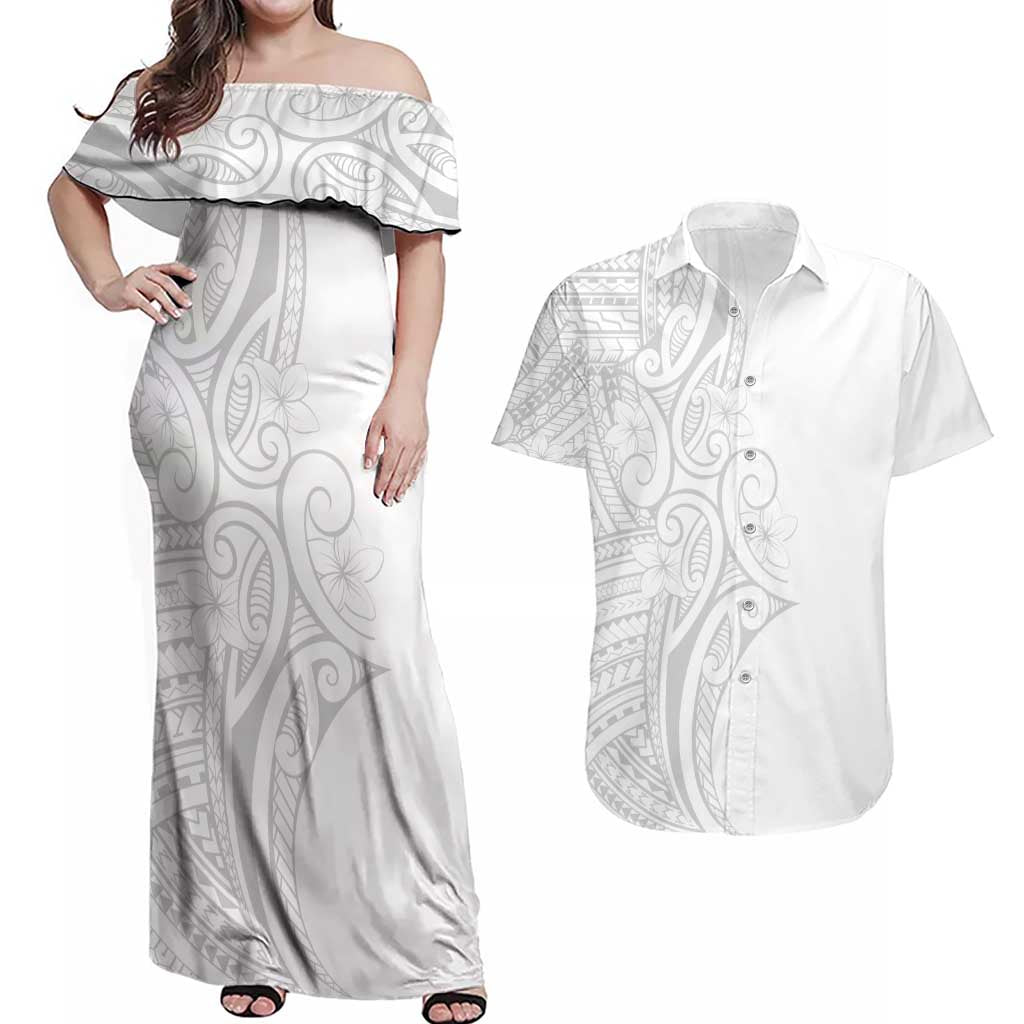 Polynesia White Sunday Couples Matching Off Shoulder Maxi Dress and Hawaiian Shirt Plumeria Polynesian Tribal Grey Color LT14 White - Polynesian Pride