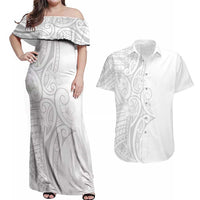 Polynesia White Sunday Couples Matching Off Shoulder Maxi Dress and Hawaiian Shirt Plumeria Polynesian Tribal Grey Color LT14 White - Polynesian Pride