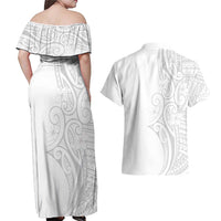 Polynesia White Sunday Couples Matching Off Shoulder Maxi Dress and Hawaiian Shirt Plumeria Polynesian Tribal Grey Color LT14 - Polynesian Pride