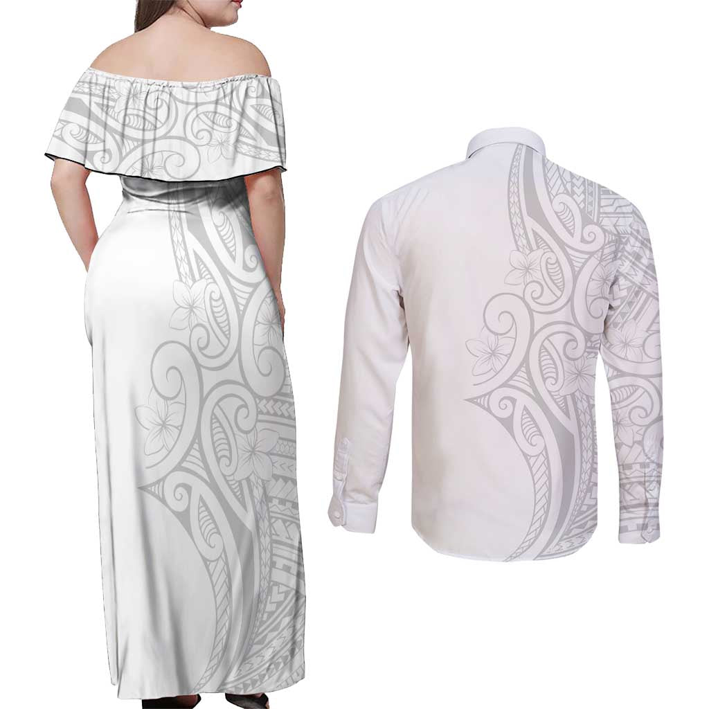 Polynesia White Sunday Couples Matching Off Shoulder Maxi Dress and Long Sleeve Button Shirt Plumeria Polynesian Tribal Grey Color LT14 - Polynesian Pride