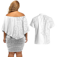 Polynesia White Sunday Couples Matching Off Shoulder Short Dress and Hawaiian Shirt Plumeria Polynesian Tribal Grey Color LT14 - Polynesian Pride
