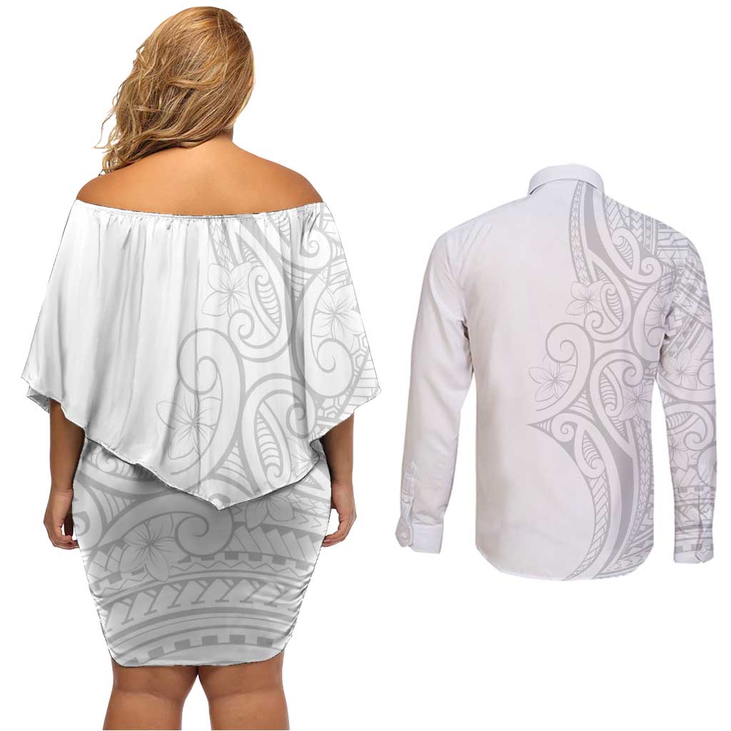 Polynesia White Sunday Couples Matching Off Shoulder Short Dress and Long Sleeve Button Shirt Plumeria Polynesian Tribal Grey Color LT14 - Polynesian Pride
