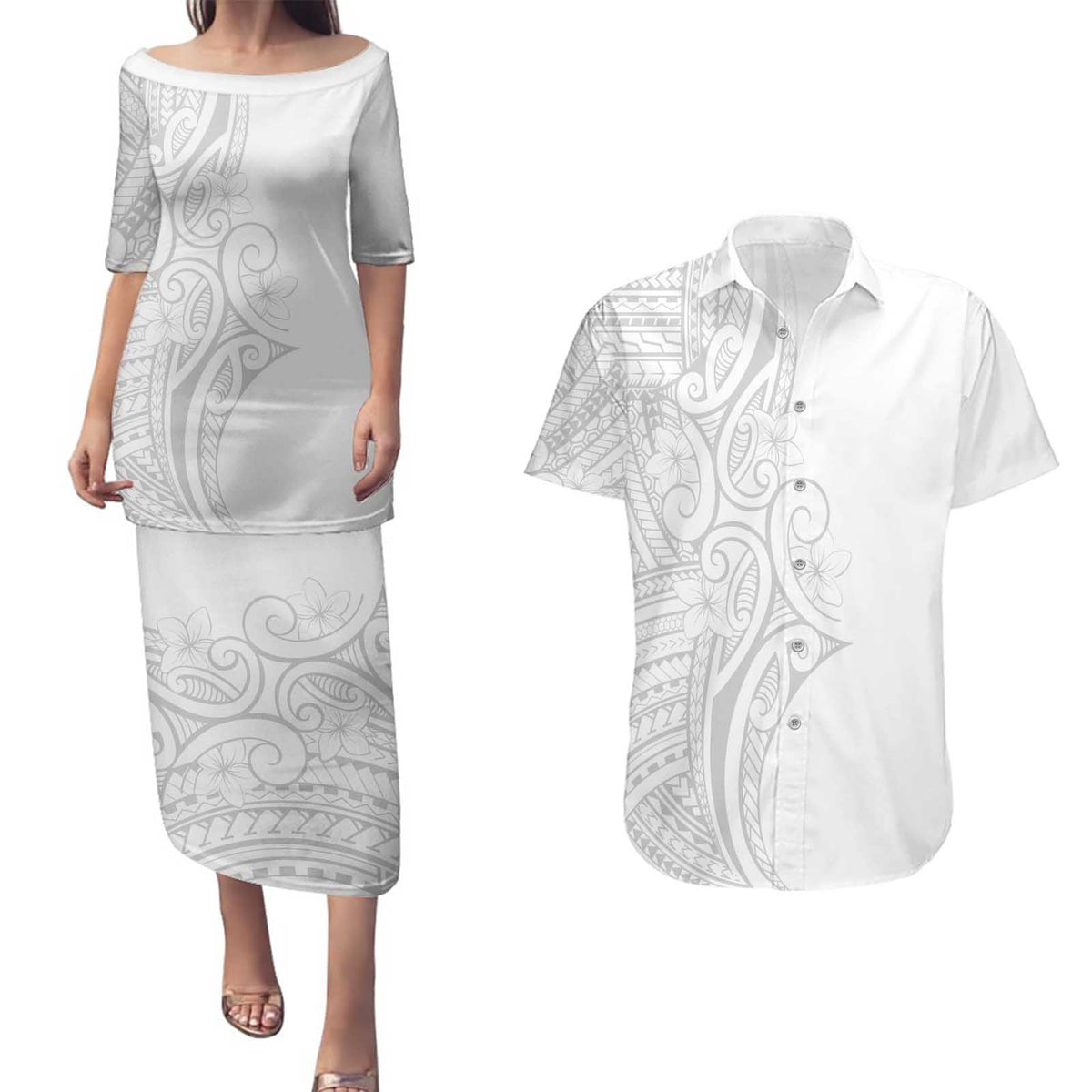 Polynesia White Sunday Couples Matching Puletasi and Hawaiian Shirt Plumeria Polynesian Tribal Grey Color LT14 White - Polynesian Pride
