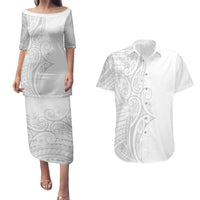 Polynesia White Sunday Couples Matching Puletasi and Hawaiian Shirt Plumeria Polynesian Tribal Grey Color LT14 White - Polynesian Pride