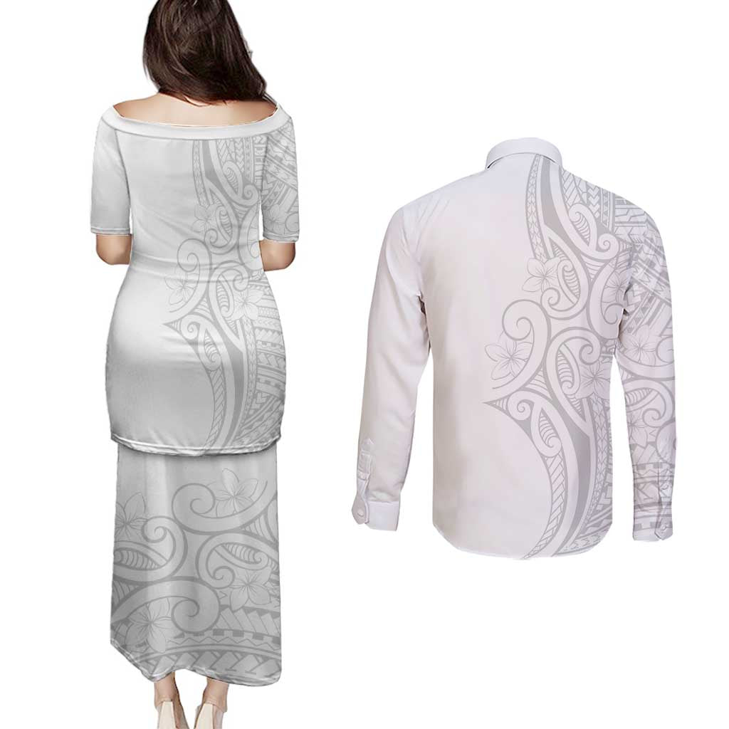 Polynesia White Sunday Couples Matching Puletasi and Long Sleeve Button Shirt Plumeria Polynesian Tribal Grey Color - Polynesian Pride